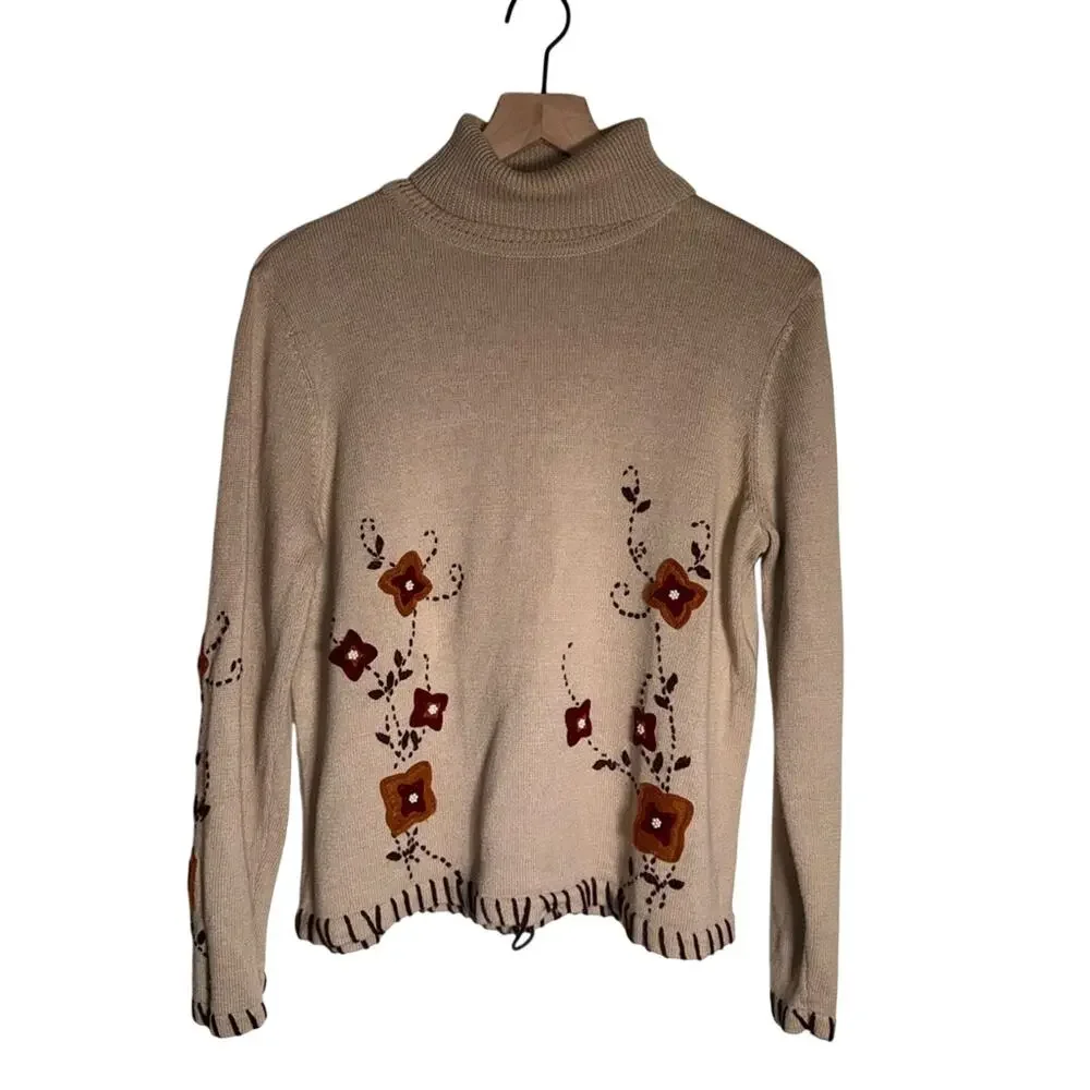 220 HICKORY art deco pearl bead floral design large stitch turtleneck sweater M